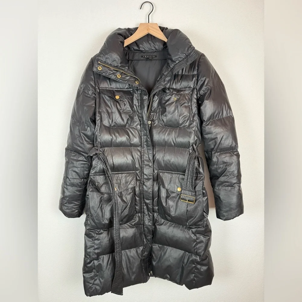 Theory Karidah Landing Black Puffer Down Belted Jacket Large